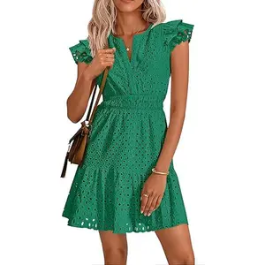 ZESICA Women's Summer Flutter Short Sleeve Mini Dress 2026 V Neck Hollow Out Eyelet A Line Swing Beach Short Sundress