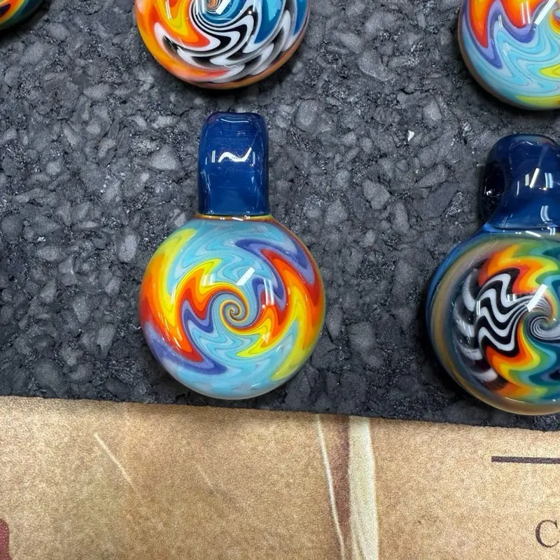 Wig wag Pendant Made by Wallander_Glass with Colorful Swirl Design in Blue Cap and Unique Pattern
