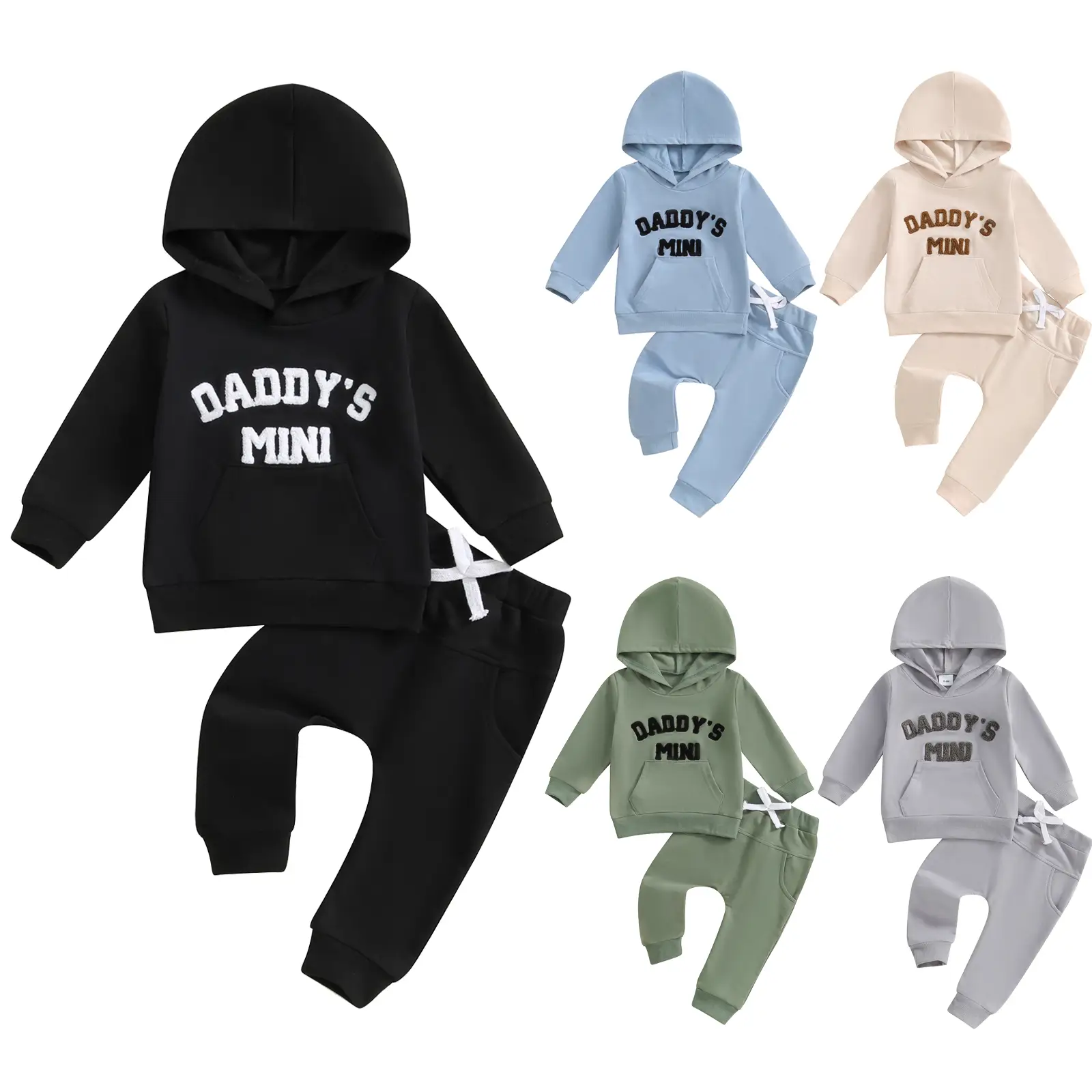 Canrulo Baby Boy Fall Winter Outfits Daddy's Mini Letter Embroidery Long Sleeve Hooded Tops Sweatshirt Pants Toddler Clothes Set