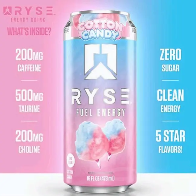 Ryse Fuel Sweet Cotton Candy Pre-Workout Energy Sport Beverage - Caffeine-Infused, Performance-Enhancing Fitness Drink Mix, Quick Mix & Go Sport Beverage Flavor, 12pk Can Case for Active Individuals