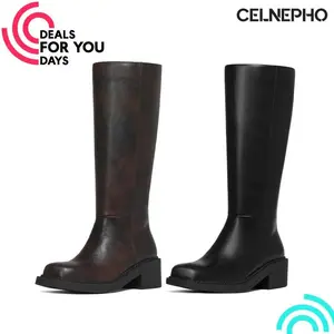 CELNEPHO Womens Knee High Boots Fashion Square Toe Vintage Campus Boot Chunky Block Heel Side Zipper Closure Easy Pull on Long Riding Boots Comfortable Riding Combat Boots for Party Work Travel Spring Dress Shoes Deals For You Days