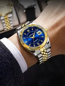 A men's two-tone gold steel bracelet watch, Quartz analog watch, Business Quartz Watch, with textured finish, glossy luster, sparkling diamond accents, vintage-style hour markers with luminescence, water-resistant, and date display