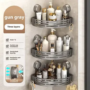 3-Pack Gun Gray Plastic Triangle Suction Cup ShowerCaddy 3-Tier Corner Shelves NoDrilling Bathroom Storage Rack 40lbs LoadCapacity with 6 Towel Bar Hooks