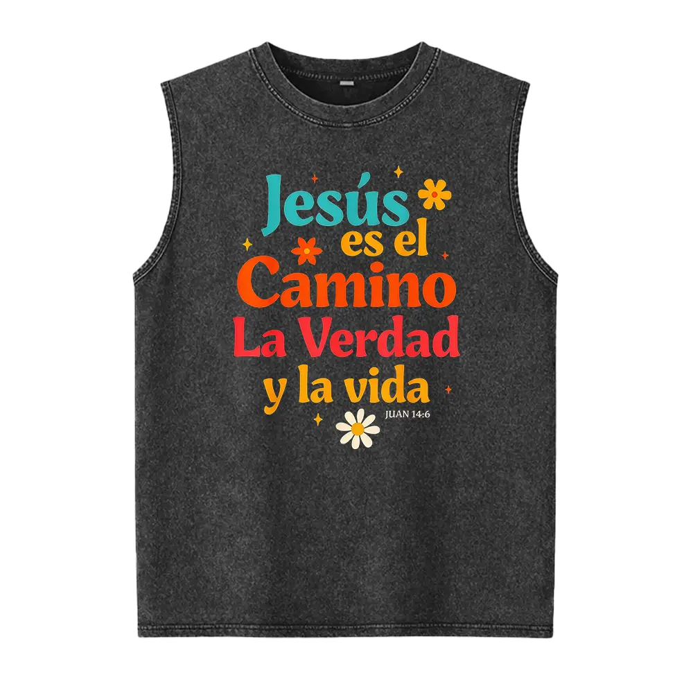 100% pure cotton Spanish Jesus God Lover Jesus Es El Camino La Verdad Y La Vi Washed Vest printed Washed Vest