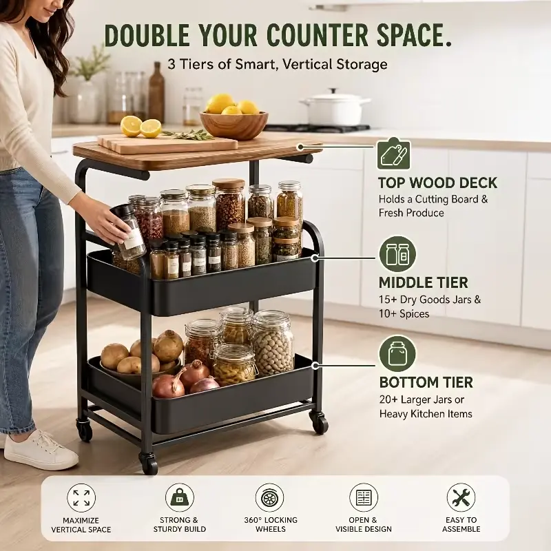 Multi-Functional Double-Layer Wooden Kitchen Storage Organiser Rack - Solid Wood Countertop, Sturdy Metal Frame, Locking Casters, Spacious Open Baskets for Seasonings, Small Appliances