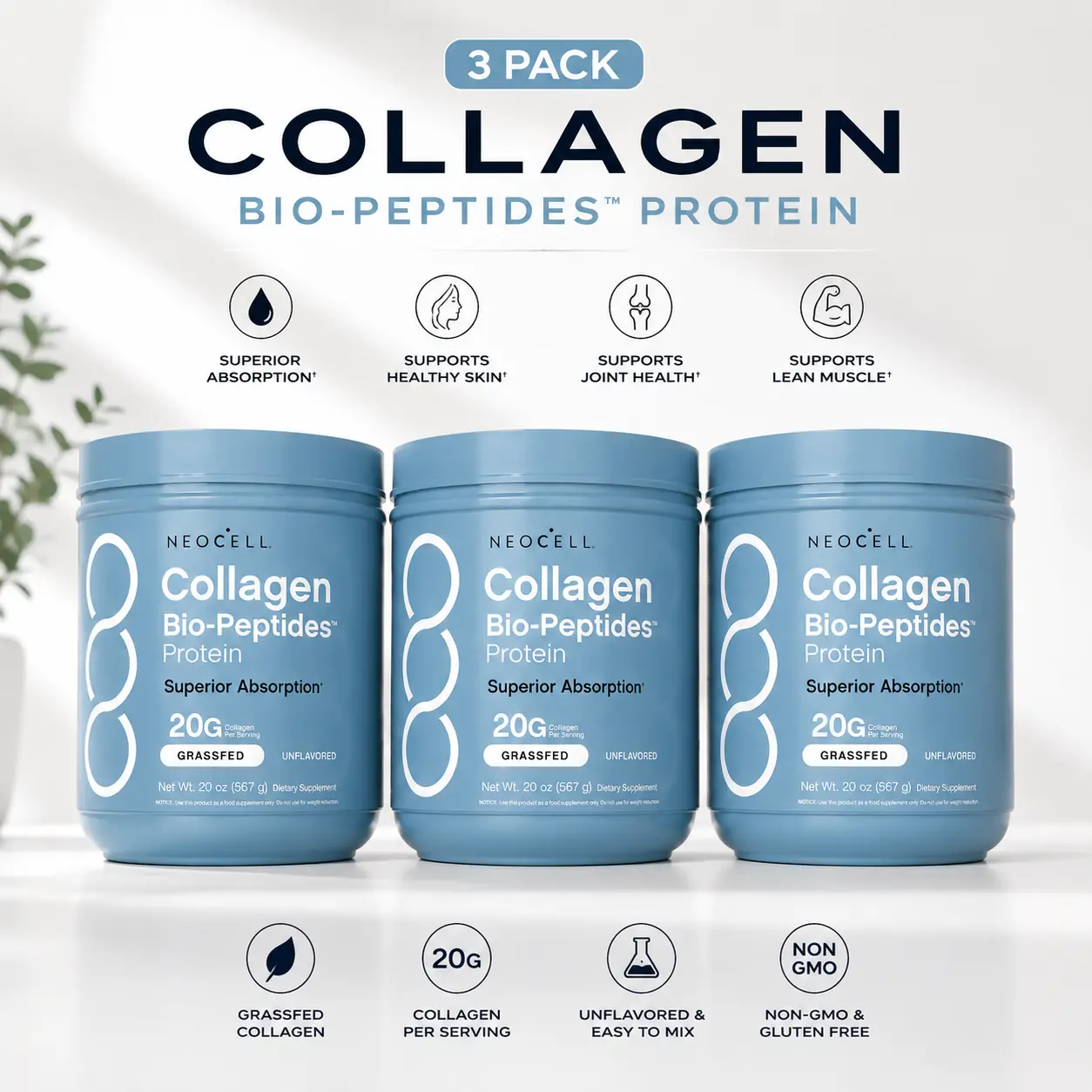 NeoCell Collagen Bio-Peptides Powder 20oz - Grassfed Protein Supplement - Advanced with 18 Essential Amino Acids