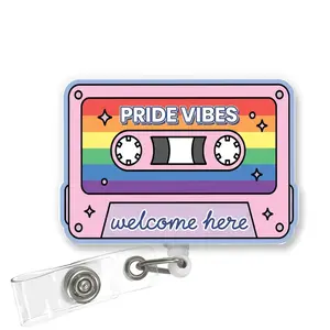 Pride Cassette Badge Reel, Rainbow Glitter LGBTQ+ Retractable ID Holder with Clip, Nurse Healthcare Gift AYZ