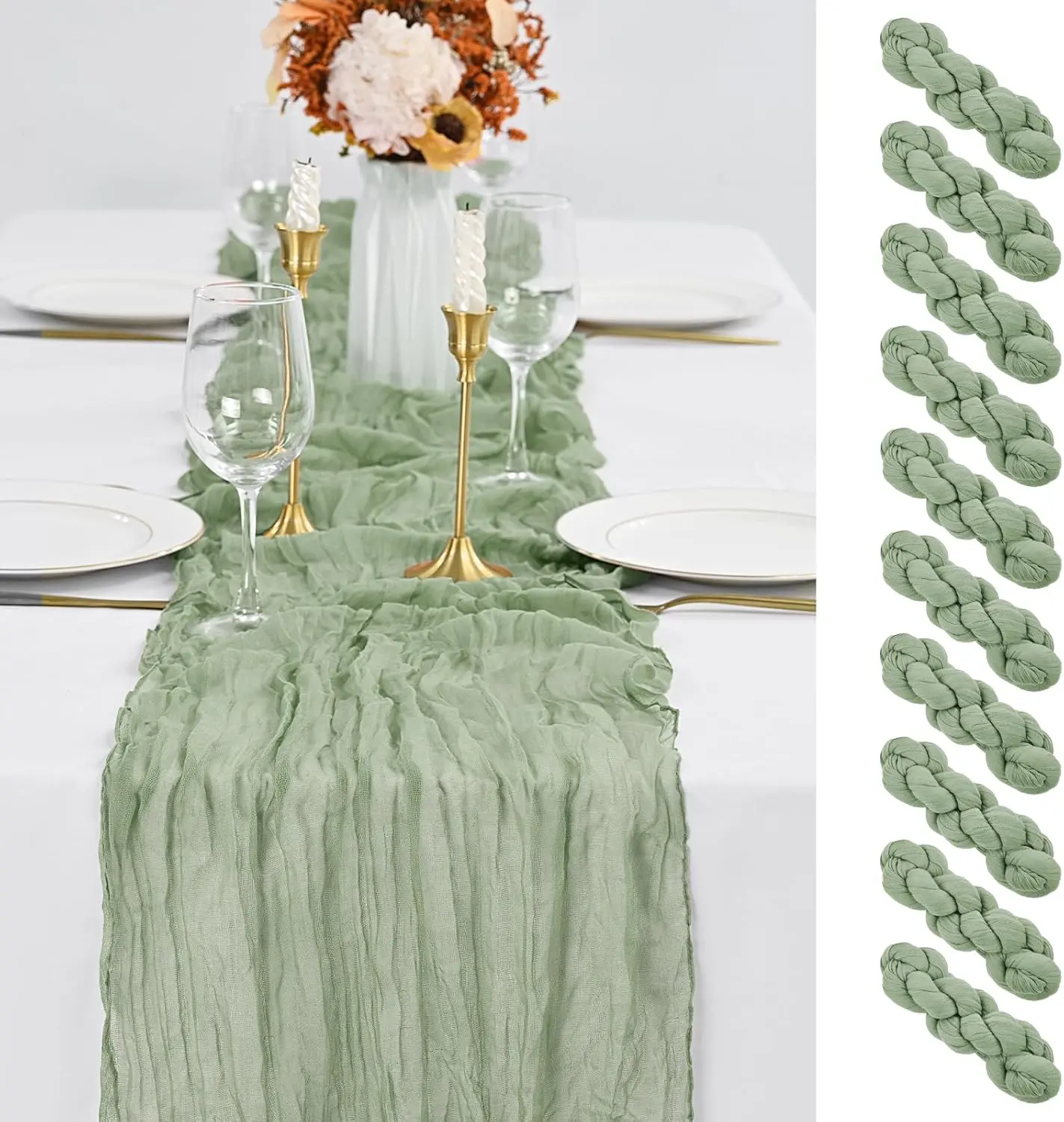 6/10 Pack Sage Green 17*108inch 9FT Table Runner Cheesecloth, Gauze Cheese Cloth Table Runner Rustic Sheer Runner for Wedding Birthday Party Baby Shower Table Decor