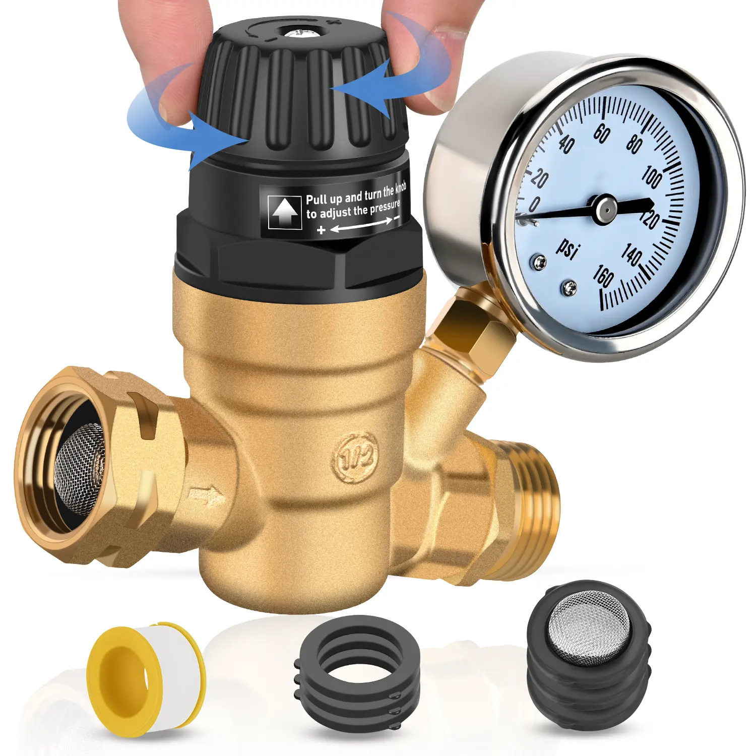 Nilight Lead-Free Brass RV Water Pressure Regulator - 45psi Pre-Set, 0-160psi Reducer Valve with Adjustable Handle, Gauge, 3/4" Hose Female Inlet Screen Filter, Male-Female Fittings for RV Camper (Fits Most US Water Systems)
