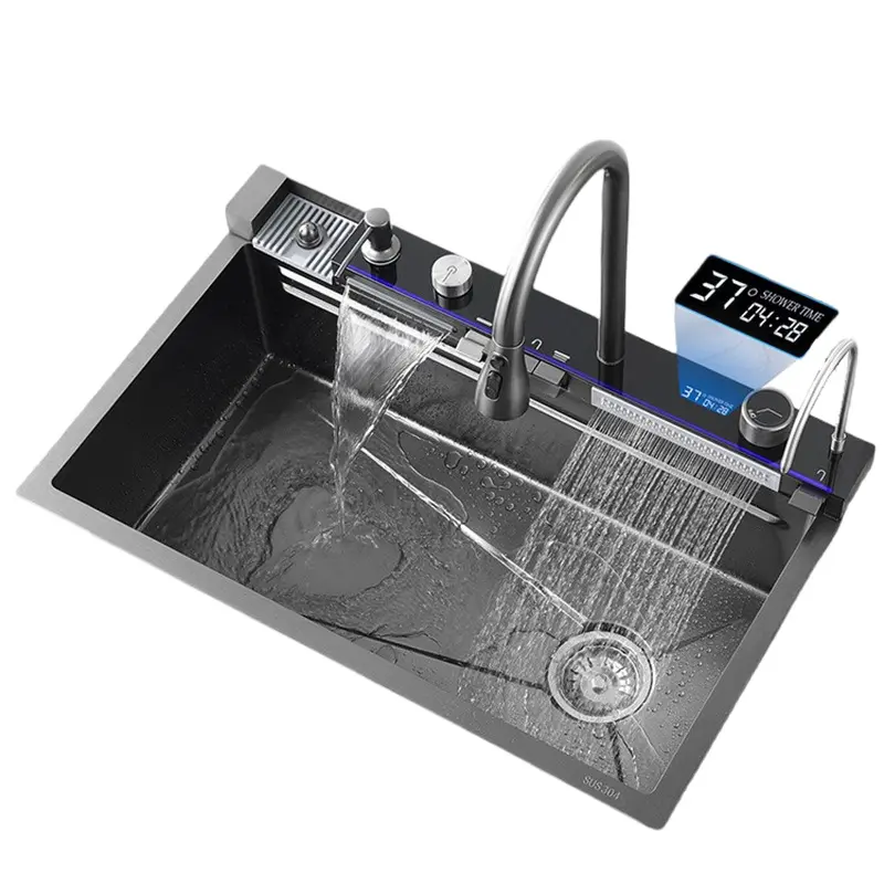 304 Stainless Steel Brushed Surface Large Single-Slot Waterfall Kitchen Sink Set - Integrated Unit with Digital Display Faucet, Soap Dispenser, Cup Washer, Double Rail for Homes, Restaurants; Ideal for Fruits, Vegetables Cleaning