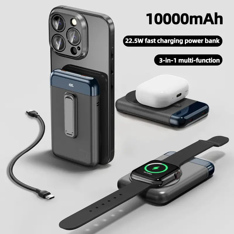 BiLOLLY Magnetic Wireless Power Bank 10000mAh Portable, Mag-Safe 22.5W PD Fast Charging, with 3-in-1 Kickstand & USB-C Cable, LED Display, Universal for iPhone 16/15/14/12/11 Pro Max Mini & Other Smartphones