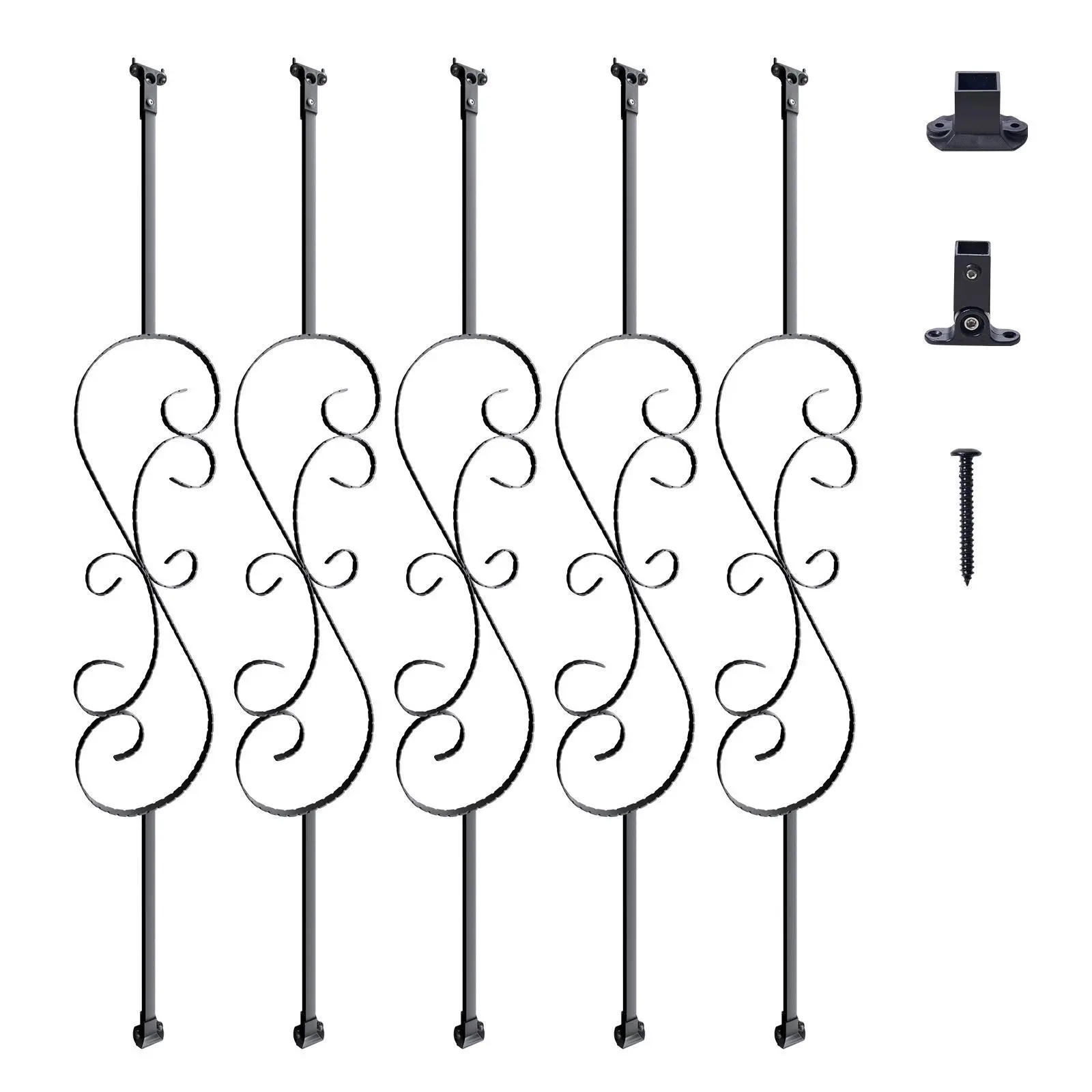 VEVOR 5 S-Shape Galvanized Steel Balusters, 44'' x 0.5'' AAMA-2604 Standard Hollow Satin Black Banister Spindles, 10 Baluster Shoes, 20 Screws, 1 Instruction Manual, Easy-Install Home Improvement Home Accessory, 5 S Balusters