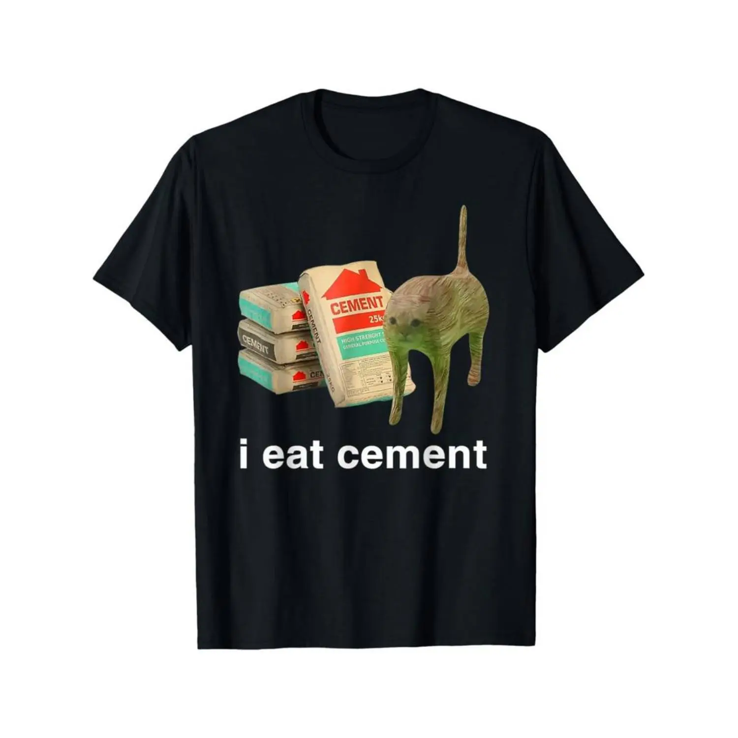 Men's 100% Cotton 180g Short-Sleeve Casual Streetwear T-Shirt, Top with I Eat Cement Cursed Cat Funny Oddly Specific Dank Meme Print, Shortsleeve