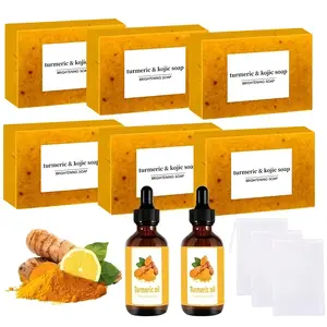 Turmeric Soap & Essential Oil Set, 6 Counts Turmeric Soap Bar & 2 Counts Turmeric Essential Oil & 3 Counts Soap Bag, Moisturizing Hydrating Skin Care Kit for Face & Body