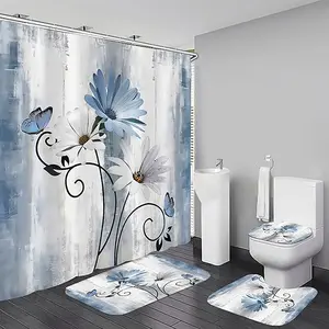 1/4pcs farmhouse style blue daisy floral shower curtain set, includes non-slip mat, U-shaped rug, and toilet seat cover. Perfect for bathroom decoration, partitioning, and beautifying the space. Comes with 12 shower curtain hooks.