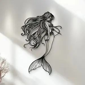 Elegant black metal mermaid wall decoration - nautical ocean theme, easy to hang laser cutting art, 10.04 inches x 15.75 inches - ideal choice for living room and bathroom, wall decoration, metal wall art