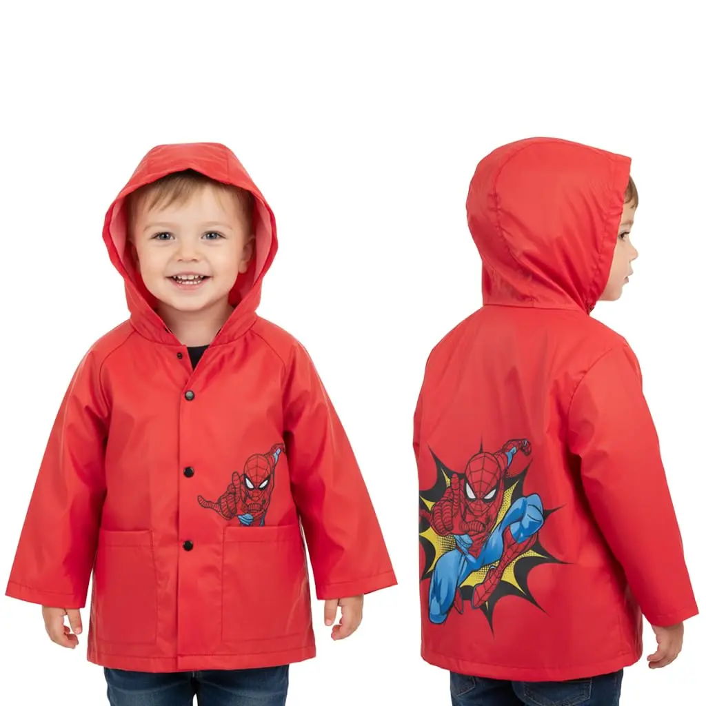Marvel Spiderman Boys Rain Jacket Waterproof Hooded Coat for Kids Ages 4-7 Officially Licensed Clothes Kids, School, Lightweight, Jacket With Hood, Graphic Clothing, Nylon, Playground, Male, Snap Closures, Adventure