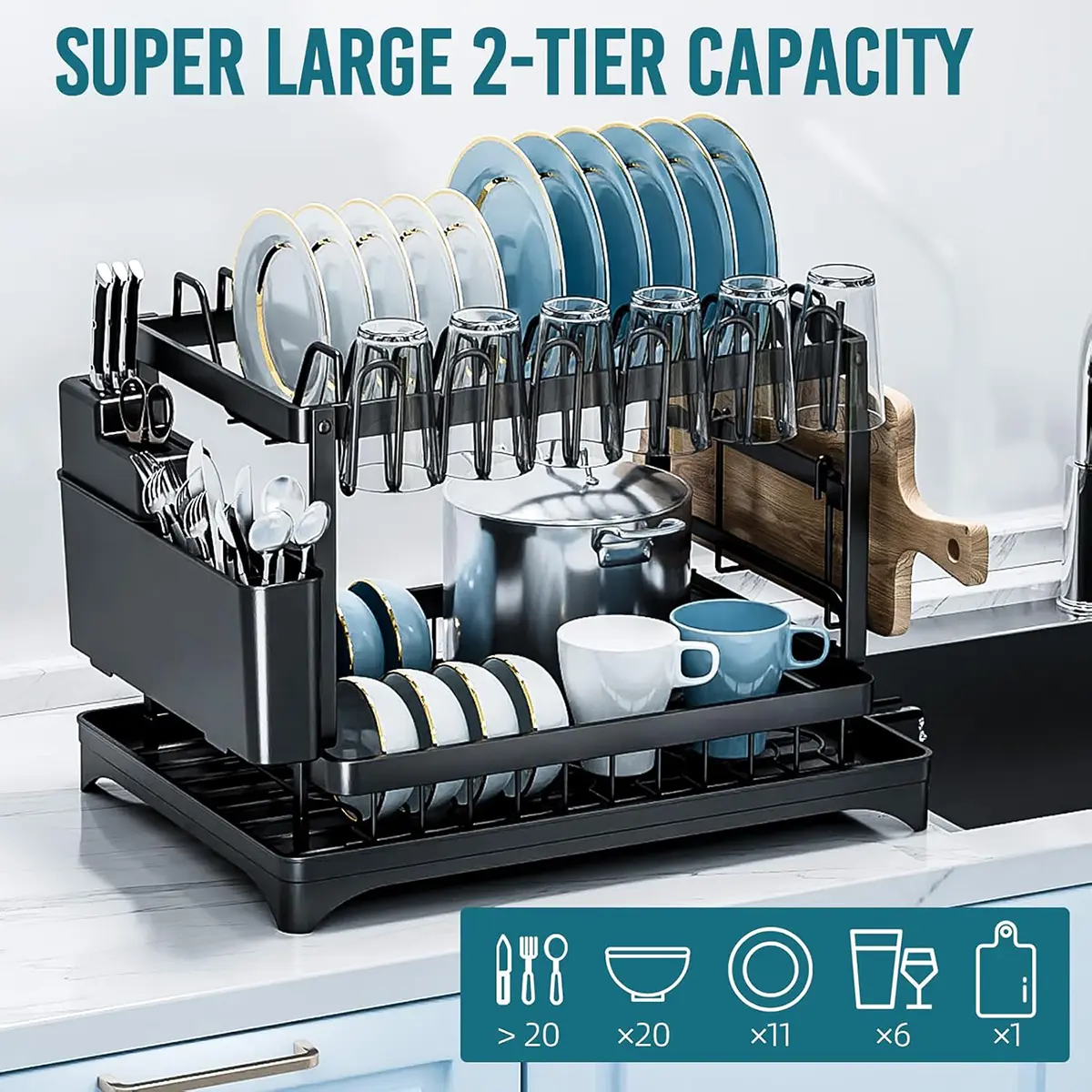 2-Tier Multi-Functional Dish Drying Rack, Multifunctional Kitchen Storage Rack,Large Capacity Dish Drying Organizer with Drainboard,Kitchen Space Saver Cutlery Organizer,Black