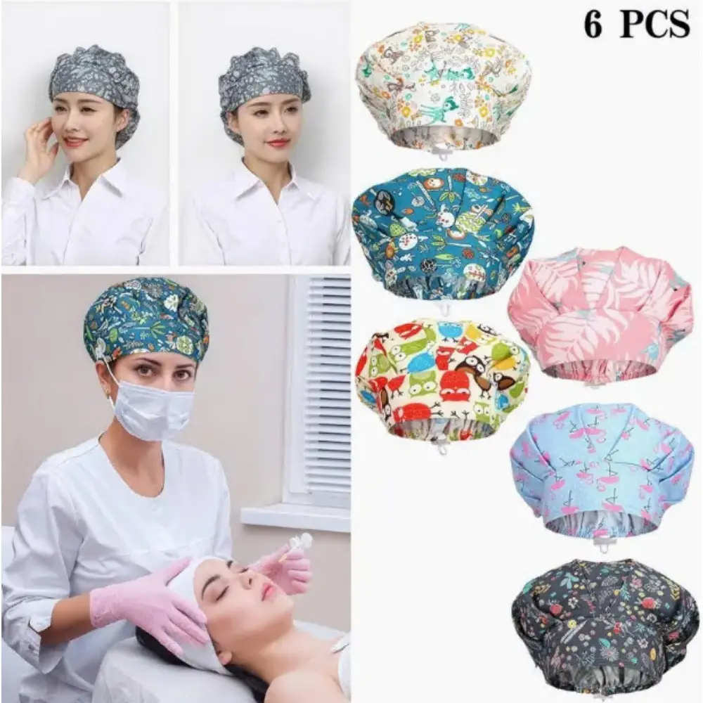 Women's 6pcs Mix Cotton Bouffant Caps with Buttons - Adjustable, Lightweight, Comfortable, Colorful, Breathable, Cooling, Durable, Ear-Cover Scrub Hats with Sweatband for Healthcare Workers - Floral & Animal Print Surgical Turbans, Easy-Clean Gifts