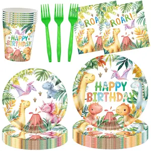 Dinosaur Party Supplies Set, Birthday Watercolor Dinosaur Theme Decorations, Dinosaur Disposable Tableware Set Includes Plates, Napkins, Cups, Forks, 20 Person Pack