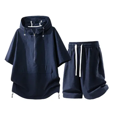 Men's Summer 2-Piece Bubble Plaid Hooded Faux Solid Polyester Clothing Set - Chic, Loose-Fitting Short-Sleeve T-Shirt & Drawstring Shorts, Minimalist Menswear with Modern Vibe, Ideal for Casual Outfits