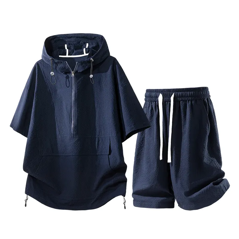 Men's Summer 2-Piece Bubble Plaid Hooded Faux Solid Polyester Clothing Set - Chic, Loose-Fitting Short-Sleeve T-Shirt & Drawstring Shorts, Minimalist Menswear with Modern Vibe, Ideal for Casual Outfits