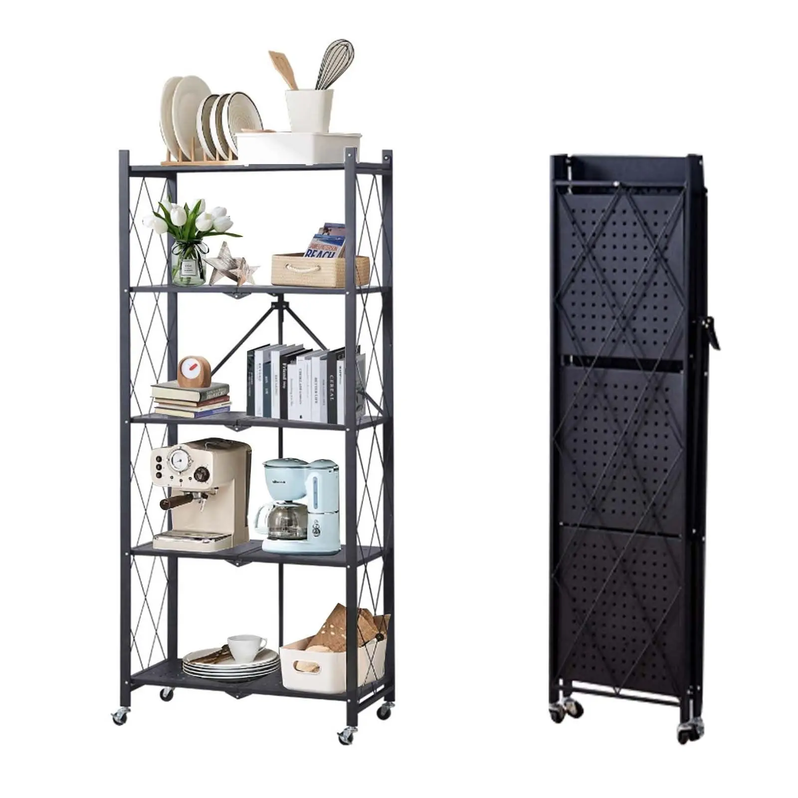 Folding Shelf, Storage Shelf, 4 Tier Shelf with Wheels, Kitchen Shelf, Standing Shelves, Folding Shelves Storage Shelves for Kitchen, Office, Heavy Duty Shelf, Black, 70 x 40 x 158 cm