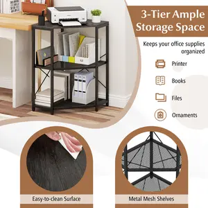 COSTWAY - Corner Printer Stand with Power Outlet 3-Tier Storage Rack with Adjustable Shelf-Black