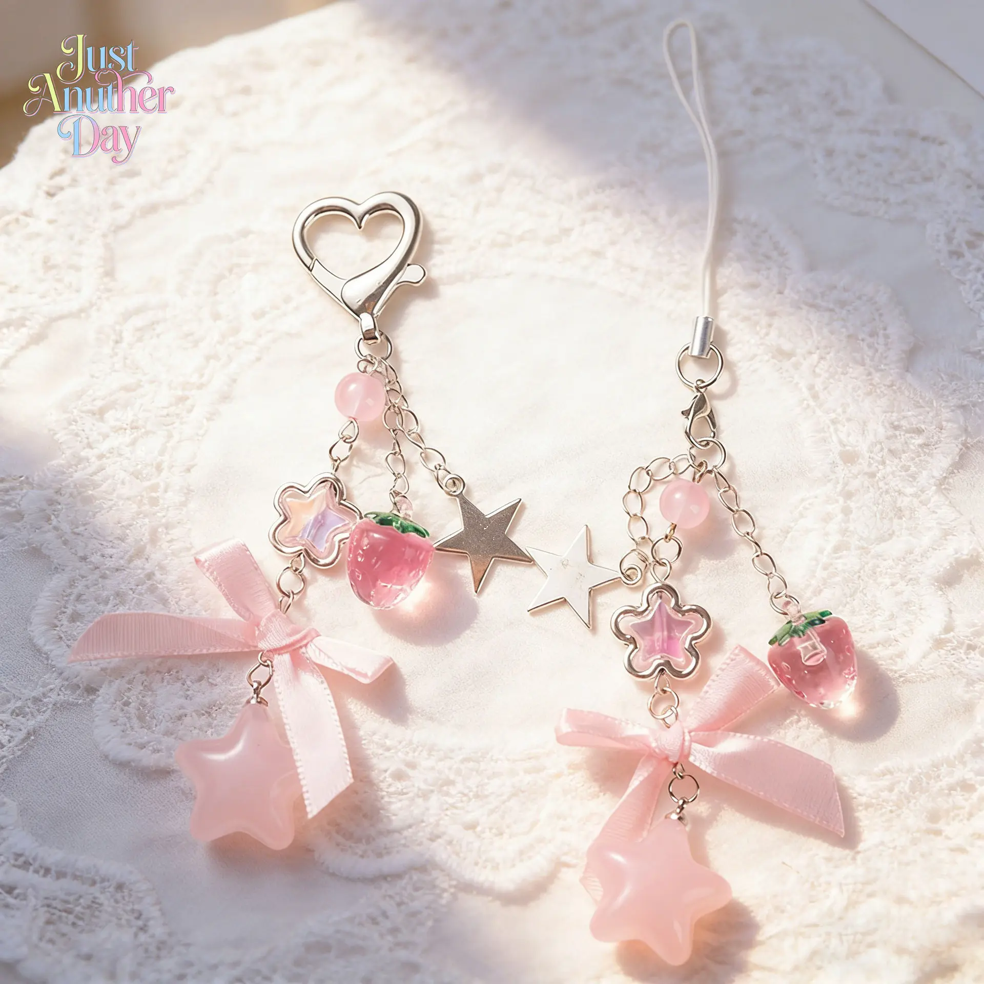 2PCS Sweet Strawberry & Star Phone Charm & Keychain Set, Pink Ribbon Bow Tassel, Cute Accessories for Phones, CCD Cameras & Bags