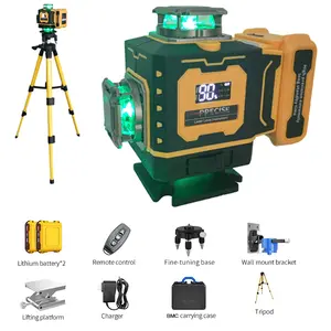 4×360° Green Light 16-Line Dead-Angle-Free Line Projector, Laser Level (Infrared), Outdoor Strong Light Resistance, High Precision, Auto Leveling; Std Equipped with Tall Tripod, 2 Large-Capacity Lithium Batteries & Full Set of Accessories,Laser Leveling