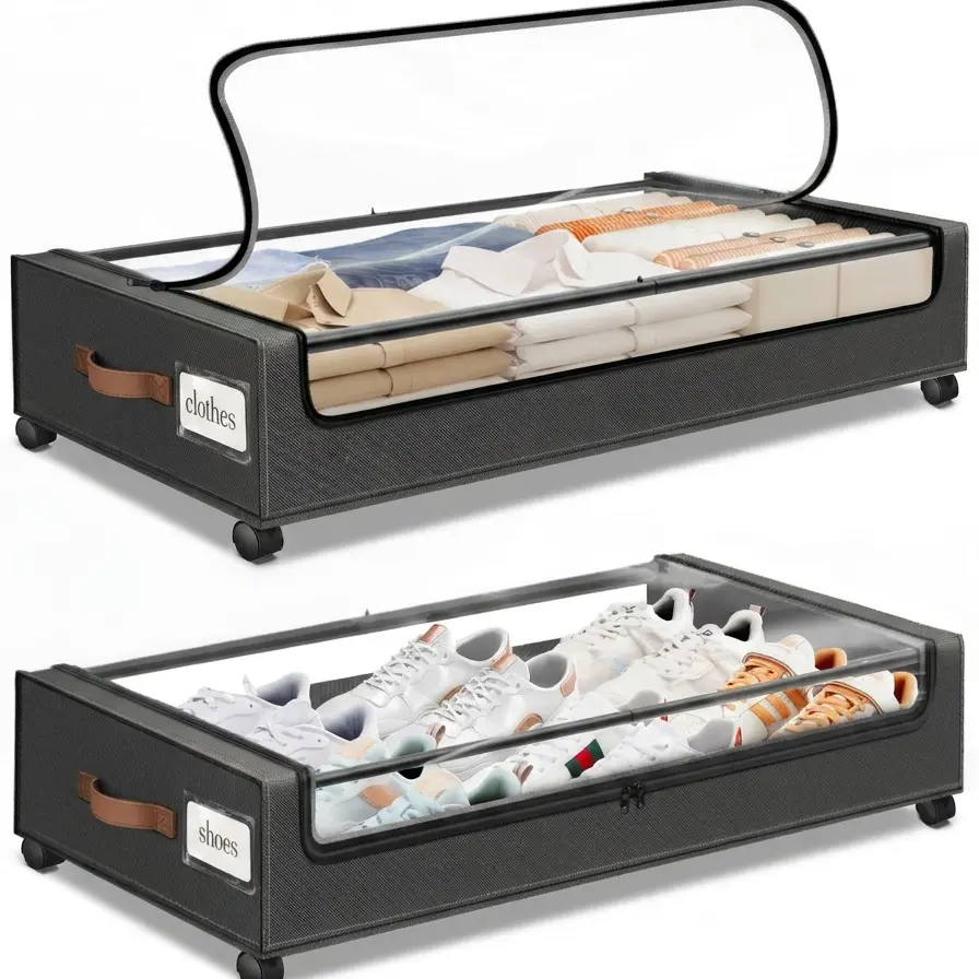 Best Gift Under Bed Storage with Wheels 2Pack Dark Grey 600D Oxford Cloth & Metal Frame Clear Window Label for Clothes Shoes Blankets, Apartment Essentials, Rolling Storage Organizer for gift,dorm essentials,home decor,home essentials,back to school