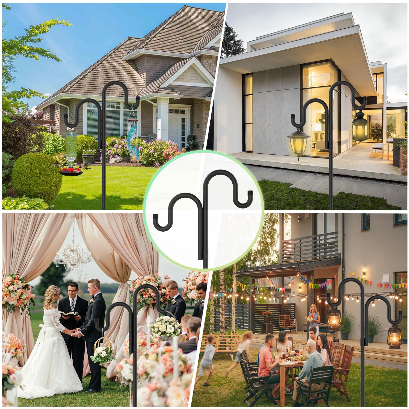 Double Shepherds Hooks for Outdoor,62 Inch/76 Inch/92 Inch, 2-Pack Heavy Duty Garden Pole for Hanging Bird Feeder, Plant Baskets, Solar Light Lanterns, Garden Plant Hanger Stands with 5 Base Prongs