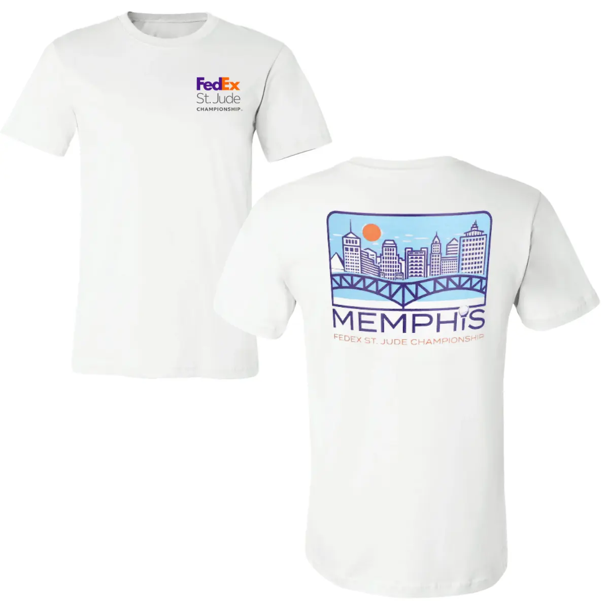 FedEx St Jude Championship Golf T-Shirt, Memphis Skyline and Bridge Back Graphic with Sunset Illustration, Tournament City Tribute Tee, Front FedEx St Jude Logo, Soft Cotton Blend Shirt, Golf Fan Apparel for Men and Women, Gift for Memphis Locals