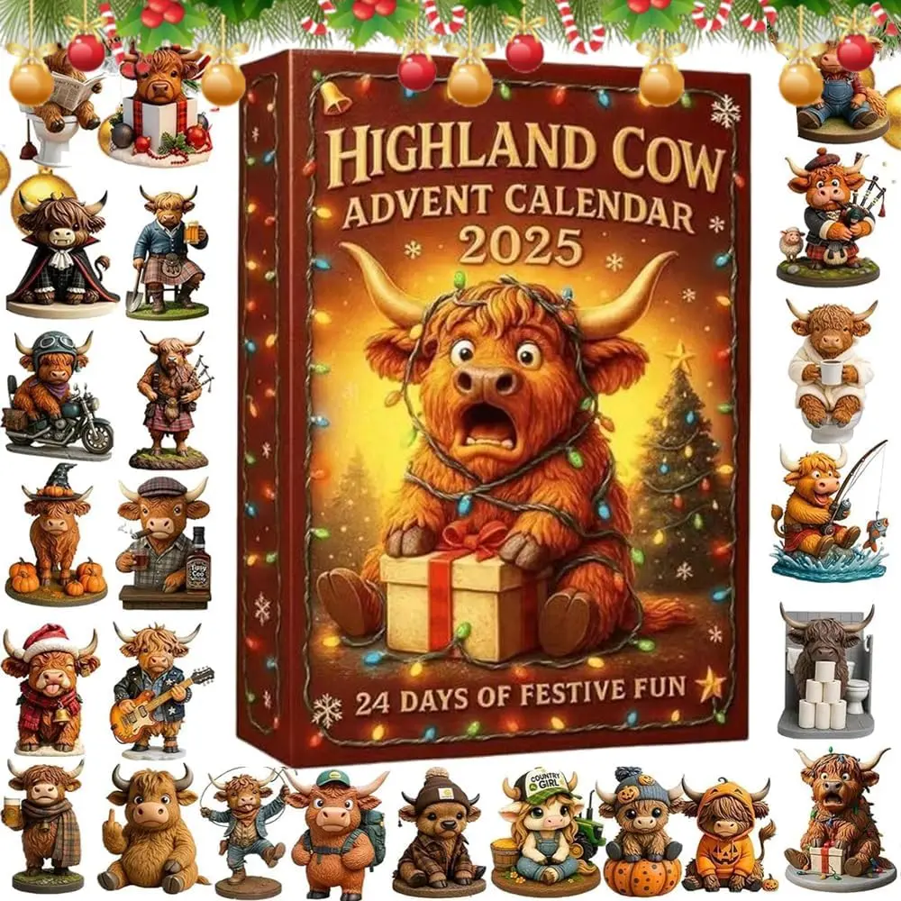 Highland Cow Arrival Calendar, 24-Day Christmas Countdown 3D Cow Doll Decoration, Family Christmas Tree Gift, Santa Hat Design