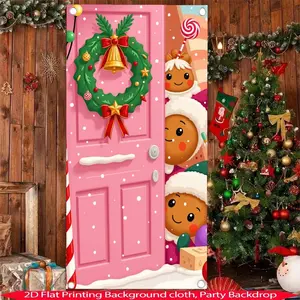 2D flat banner1pcChristmas Door Cover Decoration, Pink Gingerbread House Door Banner Gingerbread Man Christmas Indoor Hanging Banner Xmas Eve Decorations for Porch Christmas Party Decorations Banner Decor Scene Birth of Decorative Banner