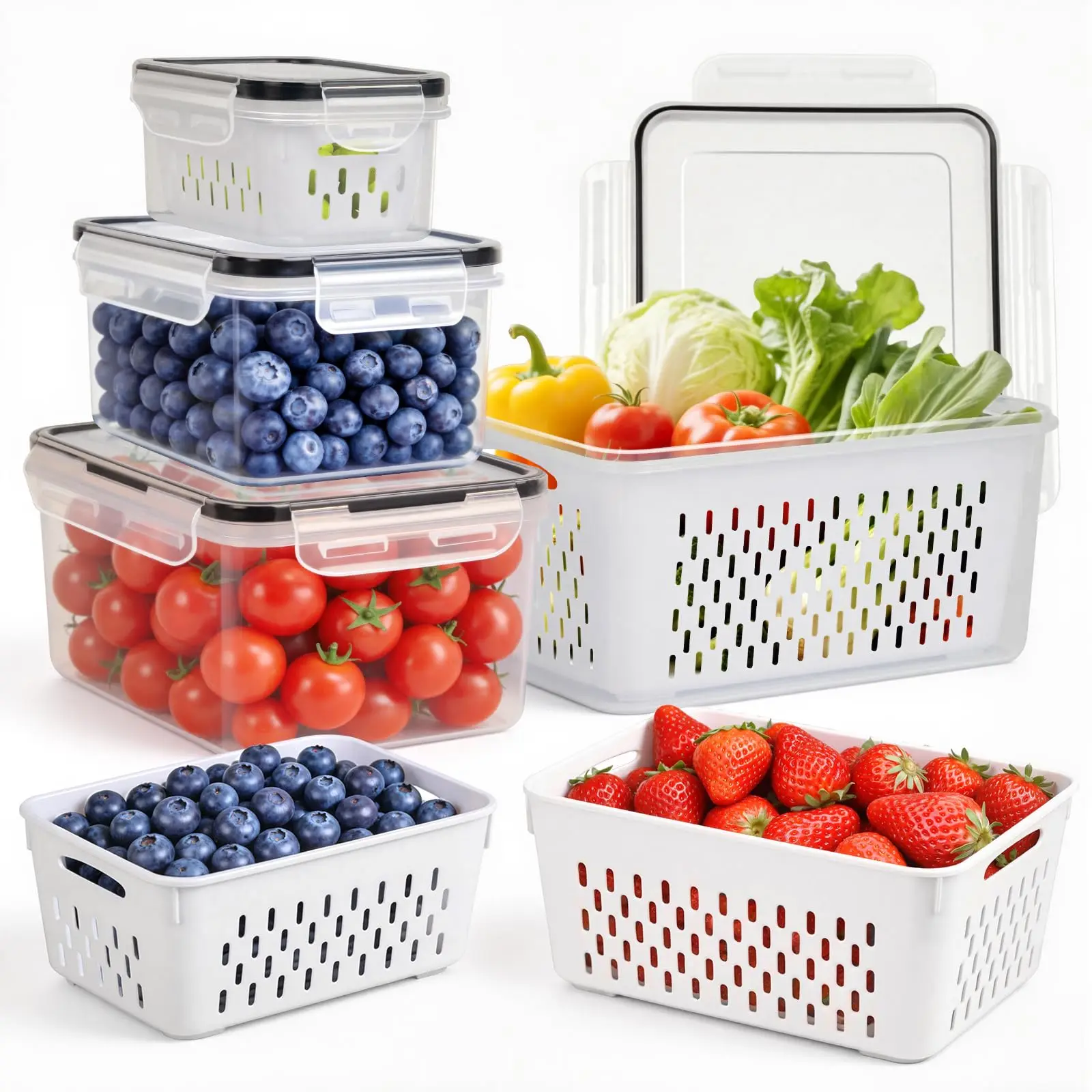 4 Pack Fridge Organizers and Storage - Stackable Fruit Storage Containers for Fridge with Removable Colander, BPA-Free Food Storage Container for Salad Berry Lettuce Vegetables Meat Keeper Fresh