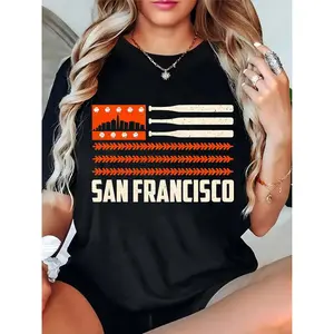 Women's San Francisco Baseball Flag T-Shirt, Vintage US Flag w/ Baseballs, Bats & City Skyline, Perfect for Baseball Games, SF Events & Casual Wear