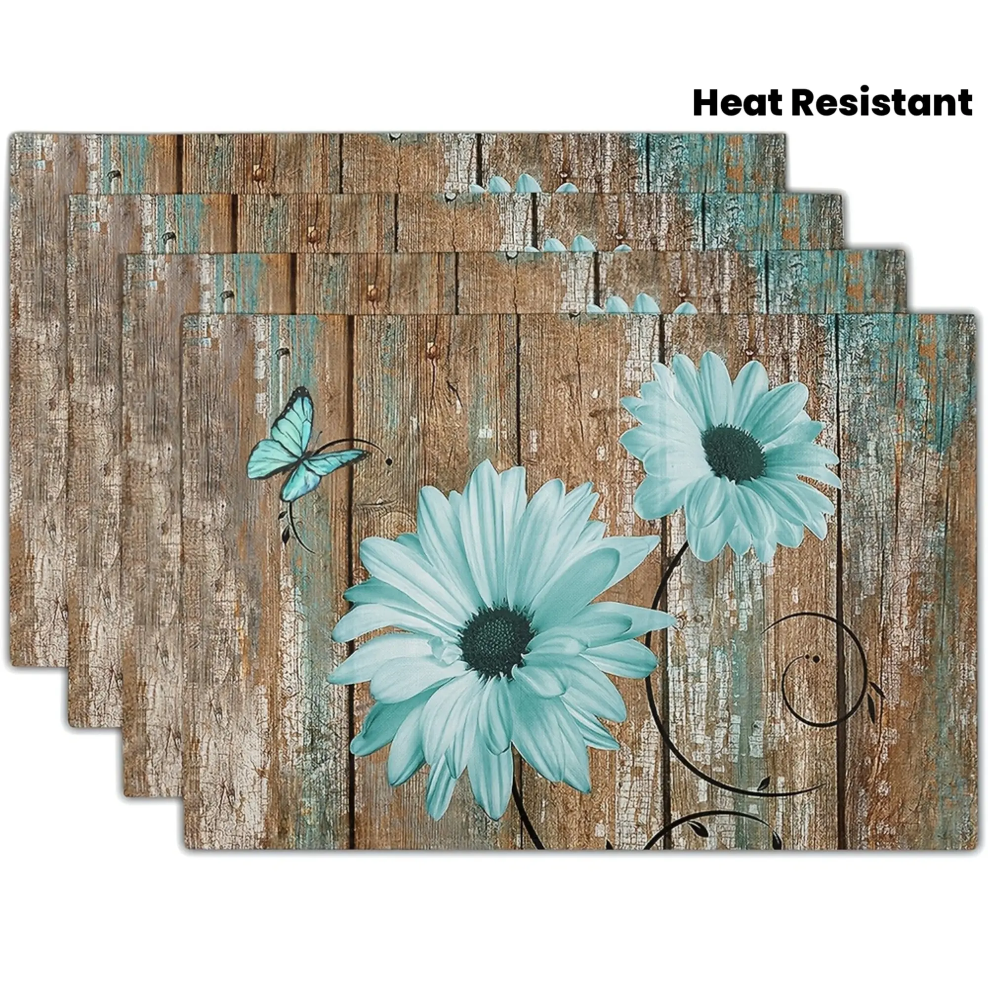 Rustic Floral Rectangle Placemats (1/4/6pcs) - Teal Sunflowers on Vintage Wood Board, Lightweight Non-Slip Heat-Resistant Durable Waterproof Large-Sized Tableware Mats, Spot Clean, Farmhouse Home Decor for Dining Room, Decorates the Table, Coasters