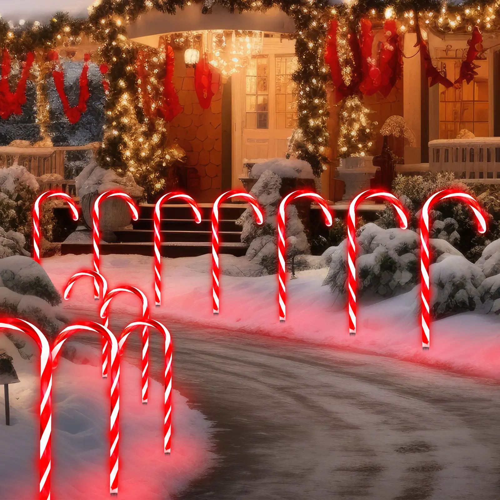Candy Cane Christmas String Lights, Connectable Pathway Lights, 10-Piece Pathway Light Set Ideal for indoor/outdoor pathways, patios, gardens, lawn decorations, Christmas tree decorations, garden holiday decorations, and outdoor decor QH Red Ornaments