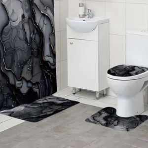 1/4pc black marble wave pattern bathroom set,The 4-piece set includes a single shower curtain, anti slip floor mat, toilet U-shaped mat, toilet lid mat, with shower curtain hook, and belongs to bathroom decoration products