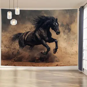 Reusable Polyester 2D Flat 1PC Horse Galloping Theme Backdrop Banner, Black Horse in Dusty Background, Home & Festive Party Decor for Birthday Event Shooting Supplies