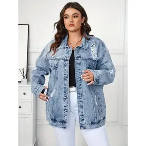 25AW Distressed Women's Plus - Size Street - style Denim Jacket. Distressed denim clothing. Washed denim coat. Fashionable.