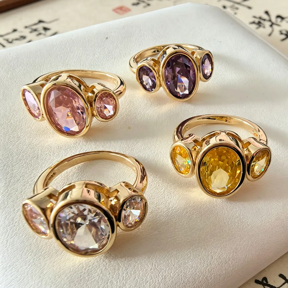 Women's 14K Yellow Gold-Plated Oval Cut Diamond Art Deco 3-Stone Bezel-Set Handmade Statement Engagement Wedding Ring, Unique Exquisite Trendy Christmas Costume Jewelry Ring