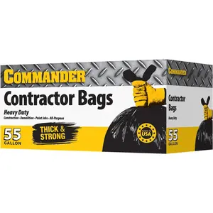 Commander 55 Gallon 3 MIL (eq) Heavy Duty Contractor Bags with Flap Ties - 36" x 56" with flaps - Pack of 10 - For Contractor, Industrial, & Outdoor