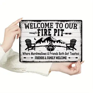 Vintage Fire Pit Sign, Rustic Iron Welcome Design Wall Art Decor, Wall Decor for Home Farmhouse Backyard Campground