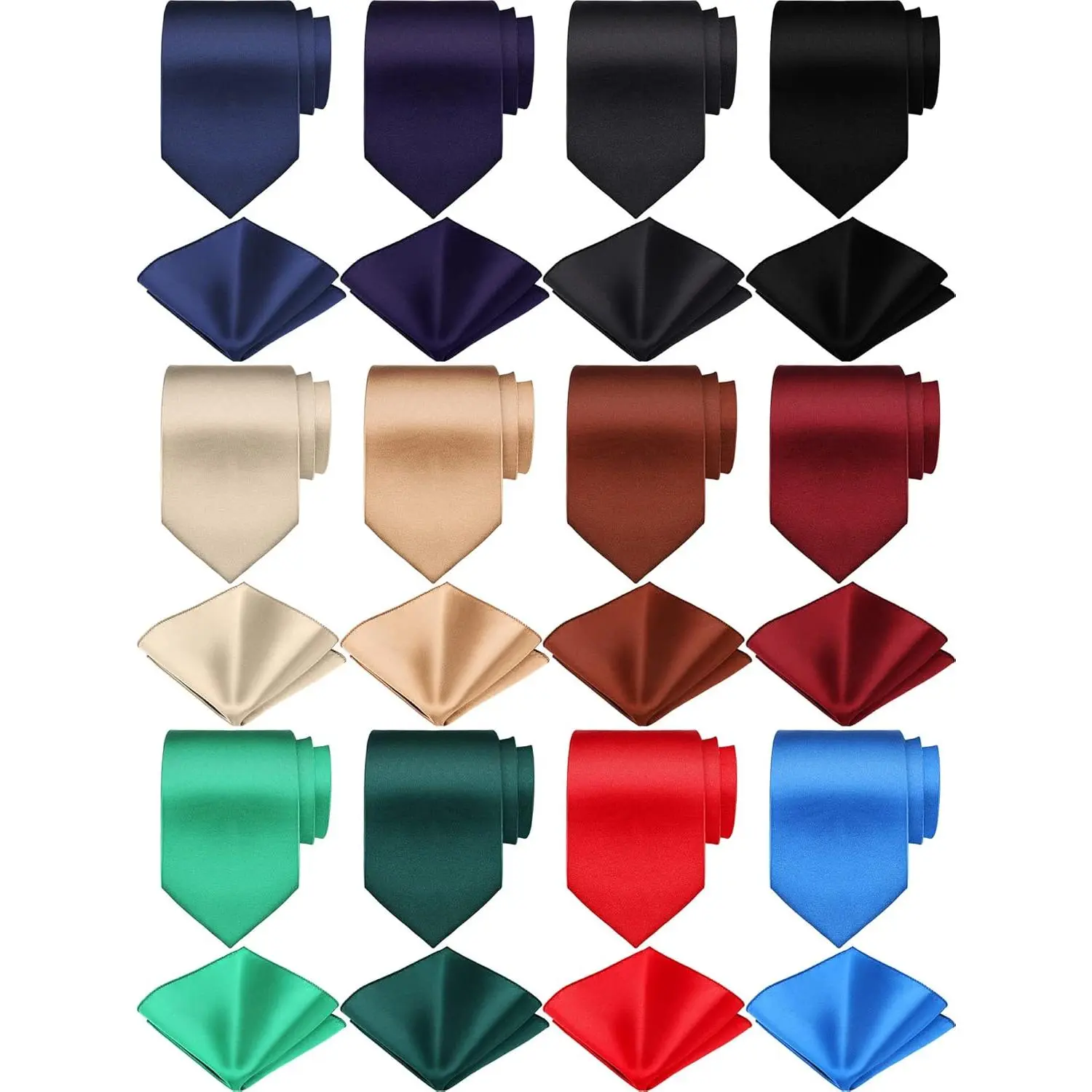 24 count Men's Ties and Pocket Square Set Bulk Solid Color Tie Handkerchief Satin Business Formal Necktie for Wedding