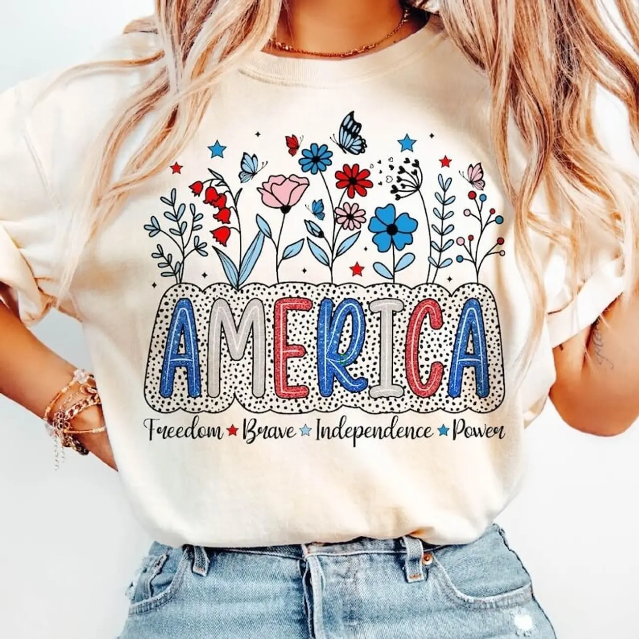 Floral America Comfort Colors Shirt, Floral Brushstroke USA T-shirt, Retro America 4th Of July Women Tee, America Girly Sweatshirt Streetwear Fashion