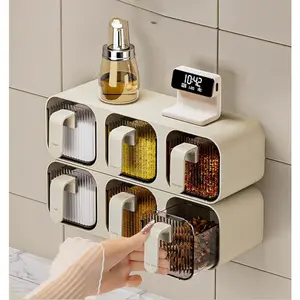 Wall-Mounted Integrated Multi-Compartment Spice Box Set Kitchen Household Moisture-Proof Storage Salt MSG Plastic Jar Organizer
