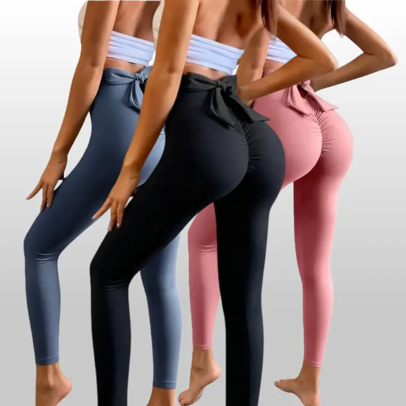 Valentine's Day 3-pack women's high waisted yoga leggings with bow tie straps, featuring a sexy and stretchy upper body effect. Available in all seasons with solid color hip lifting pants, suitable for yoga, fitness, and other outdoor activities tiktoksho