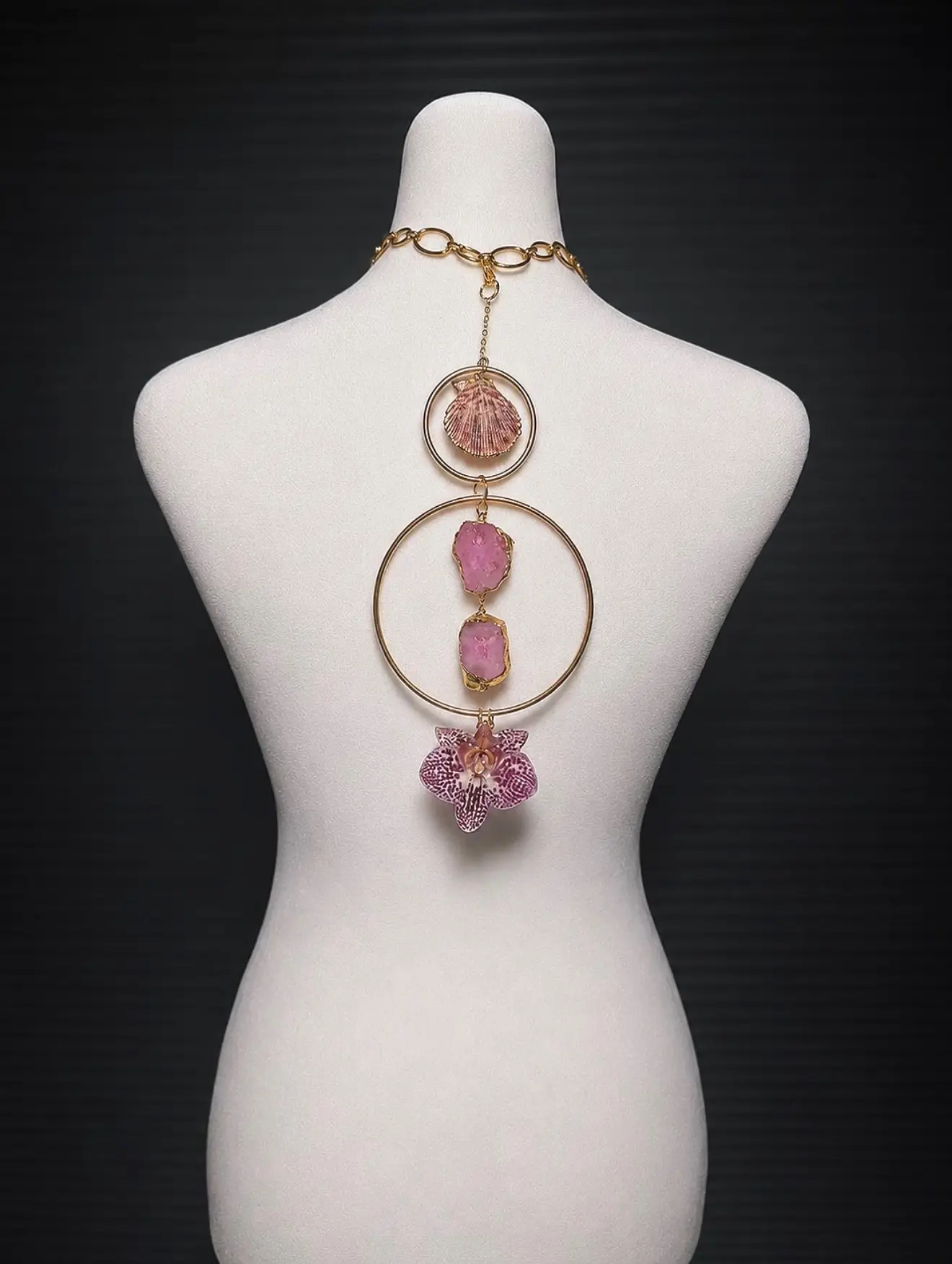 Mermaid Core Goddess Dual Back Chain Jewelry Necklace, Chunky Gold Tiered Hoop Design with Pink Quartz, Body Chain Accessory for Backless Tops, Festival Outfits